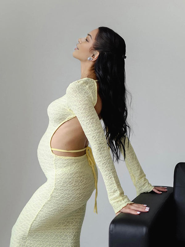 Mumsmode Zwangerschaps Maxi Jurk Fotoshoot Chique Rugloos Gebonden Rug Kanten Geel