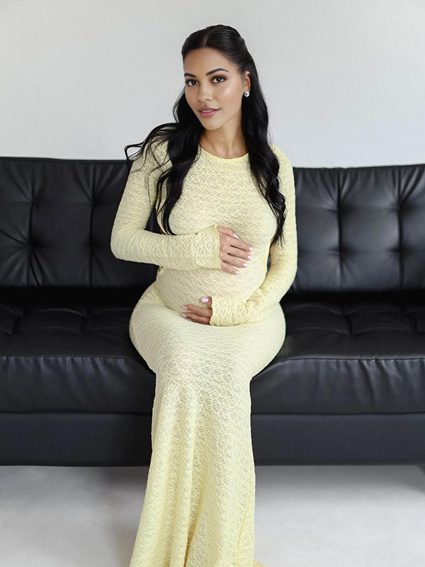Mumsmode Zwangerschaps Maxi Jurk Fotoshoot Chique Rugloos Gebonden Rug Kanten Geel