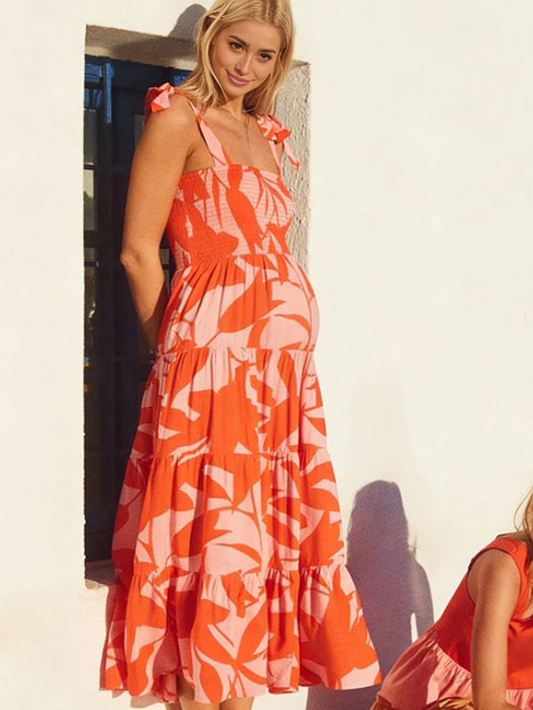 Mumsmode Oranje Chique Bloemen Rimpelen Ruches Spaghetti A-Lijn Vakantie Zwangerschaps Maxi Jurk