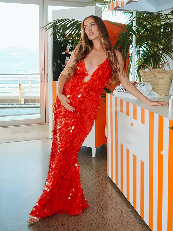 Mumsmode Chique Pailletten Uitgesneden Spaghetti Bodycon Cocktail Babyshower Zwangerschaps Maxi Jurk