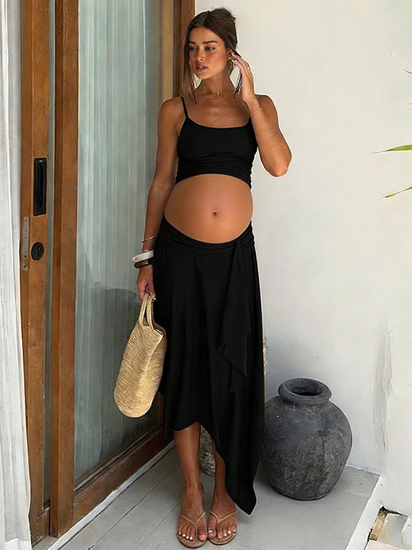 Mumsmode Chique 2-in-1 Onregelmatig Gedrapeerd Spaghetti Vakantie Zwangerschaps Maxi Jurk