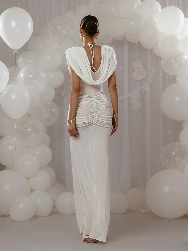 Mumsmode Elegant Gekreukt Bodycon Rugloos Zeemeermin Gedrapeerde Kraag Babyshower Zwangerschaps Maxi Jurk