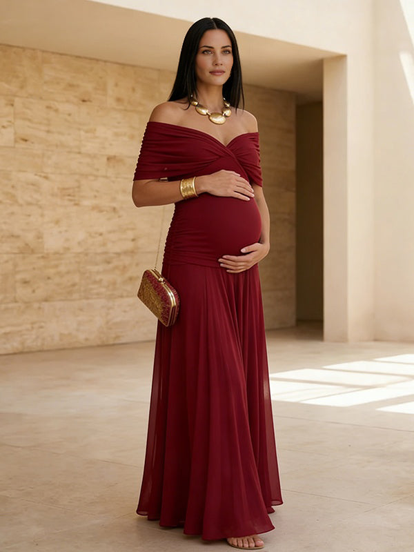 Mumsmode Elegant Tule Gekreukt Off Shoulder Vloeiend Babyshower Zwangerschaps Maxi Jurk