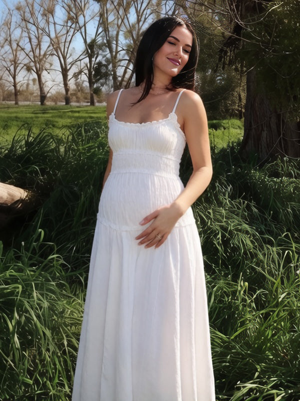 Mumsmode Schattig Rimpelen A-Lijn Spaghetti Ruches Vakantie Babyshower Zwangerschaps Maxi Jurk