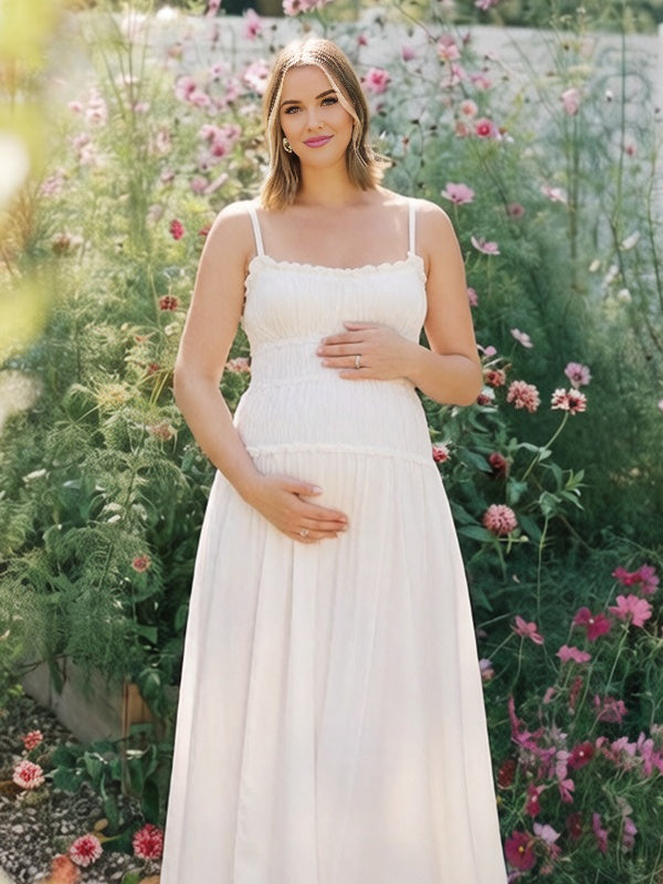 Mumsmode Schattig Rimpelen A-Lijn Spaghetti Ruches Vakantie Babyshower Zwangerschaps Maxi Jurk