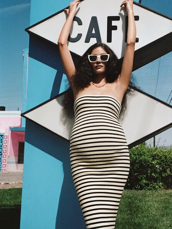 Mumsmode Chique Gestreept Zwart-Witte Strepen Bodycon Bandeau Vakantie Zwangerschaps Maxi Jurk