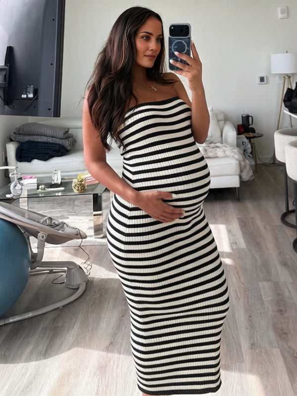 Mumsmode Chique Gestreept Zwart-Witte Strepen Bodycon Bandeau Vakantie Zwangerschaps Maxi Jurk