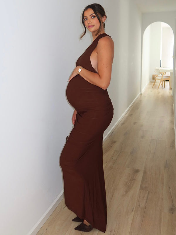 Mumsmode Chique Een Open Schouder Rugloos Lintjes Gedrapeerd Zeemeermin Bodycon Babyshower Zwangerschaps Maxi Jurk