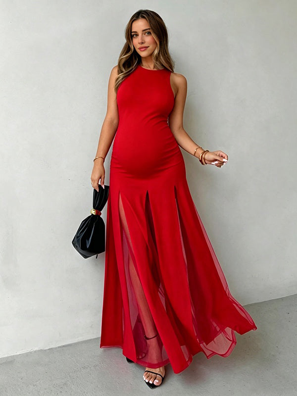 Mumsmode Chique Rood Tule Patchwork A-Lijn Vloeiend Vakantie Cocktail Zwangerschaps Maxi Jurk