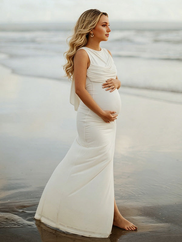 Mumsmode Chique Wit Zijsplit Gekreukt Knoop Rugloos Gedrapeerd Fotoshoot Zwangerschaps Maxi Jurk