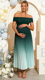 Mumsmode Chique Groen Gradiëntkleuren Geplooid A-Lijn Off Shoulder Babyshower Zwangerschaps Maxi Jurk