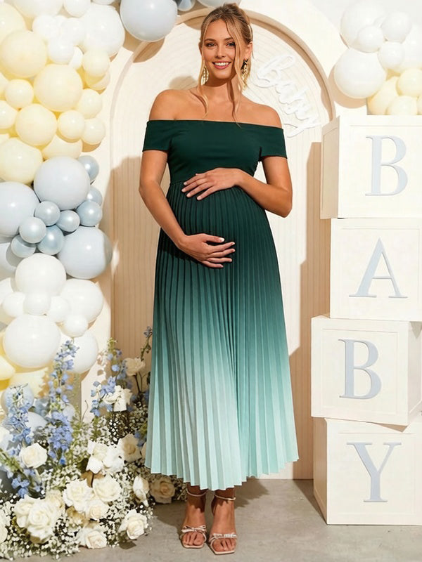 Mumsmode Chique Groen Gradiëntkleuren Geplooid A-Lijn Off Shoulder Babyshower Zwangerschaps Maxi Jurk