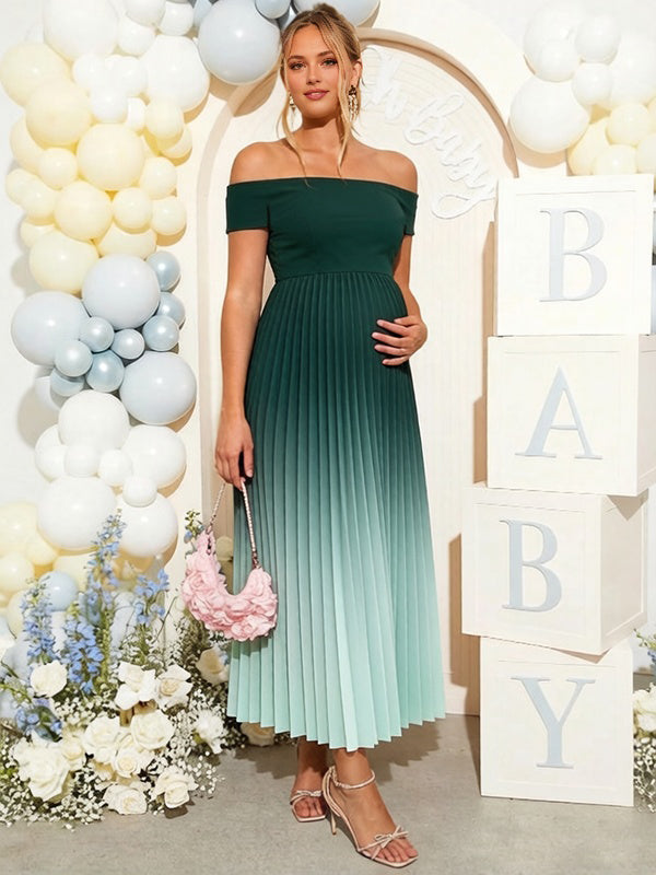 Groene Maxi Zwangerschapsjurk Off-Shoulder Kleurverloop Plissé – A-lijn