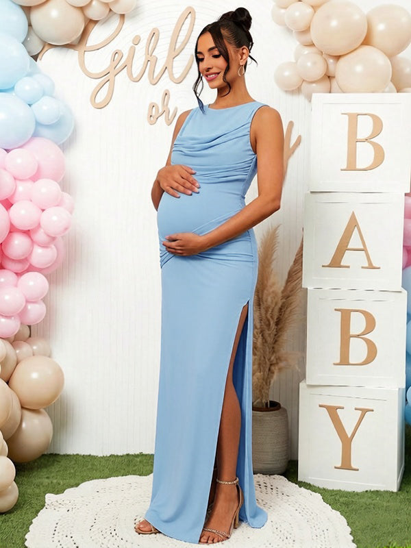 Mumsmode Chique Lichtblauw Zijsplit Gekreukt Knoop Rugloos Gedrapeerd Babyshower Zwangerschaps Maxi Jurk