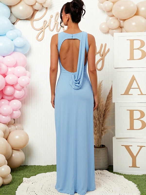 Mumsmode Chique Lichtblauw Zijsplit Gekreukt Knoop Rugloos Gedrapeerd Babyshower Zwangerschaps Maxi Jurk