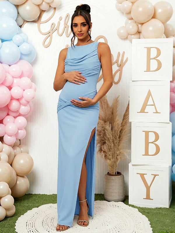 Mumsmode Chique Lichtblauw Zijsplit Gekreukt Knoop Rugloos Gedrapeerd Babyshower Zwangerschaps Maxi Jurk