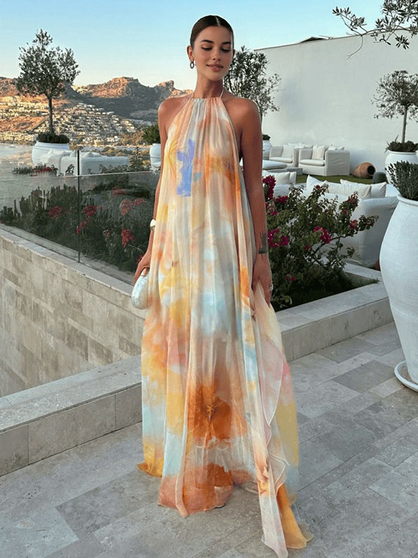 Mumsmode Chique Oranje Tie-Dye Bloemenprint Ruches Rugloos Vloeiend Vakantie Zwangerschaps Maxi Jurk