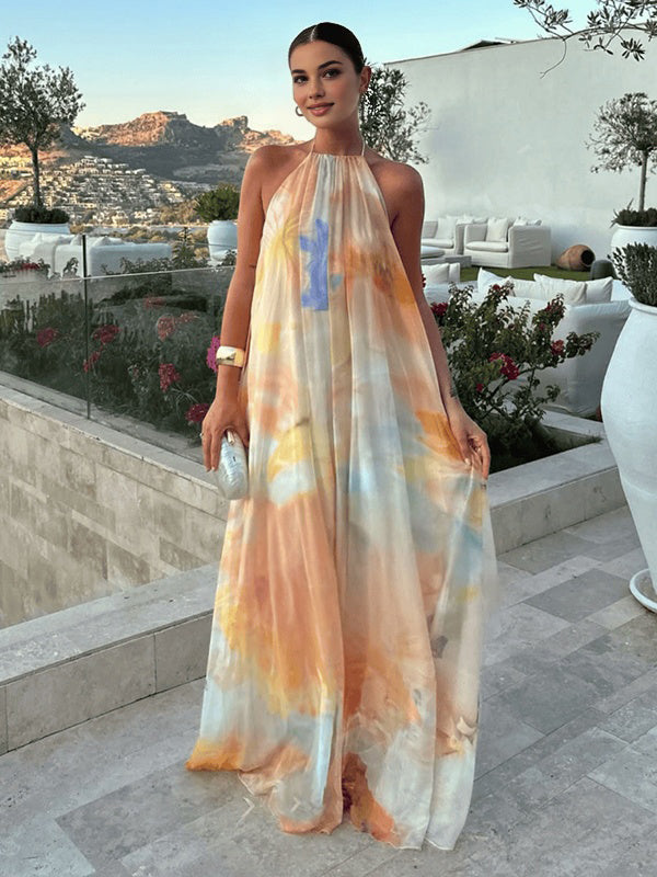 Mumsmode Chique Oranje Tie-Dye Bloemenprint Ruches Rugloos Vloeiend Vakantie Zwangerschaps Maxi Jurk