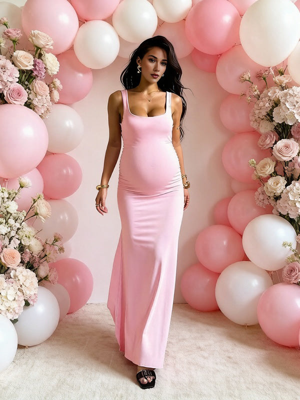 Mumsmode Chique Roze Bodycon Rugloos Vlinderdas Babyshower Zwangerschaps Maxi Jurk