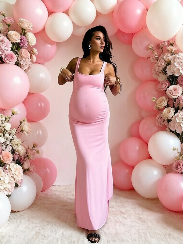 Mumsmode Chique Roze Bodycon Rugloos Vlinderdas Babyshower Zwangerschaps Maxi Jurk