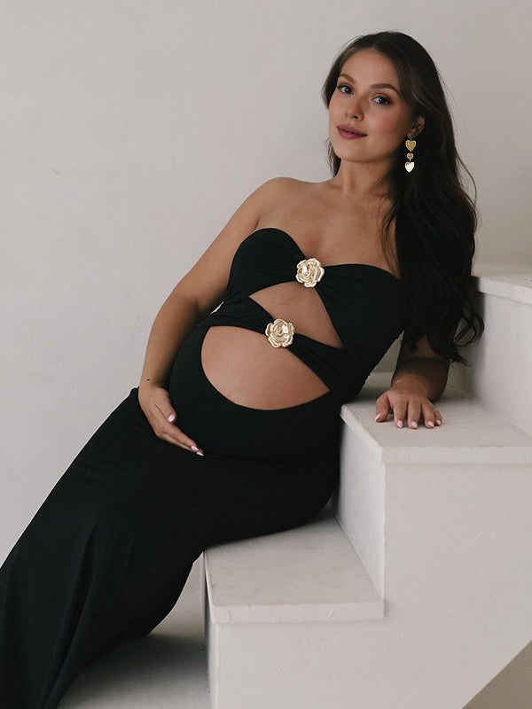 Mumsmode Chique Zwart Bezet Bloemen Uitgesneden Bodycon Kwasten Bandeau Fotoshoot Zwangerschaps Maxi Jurk