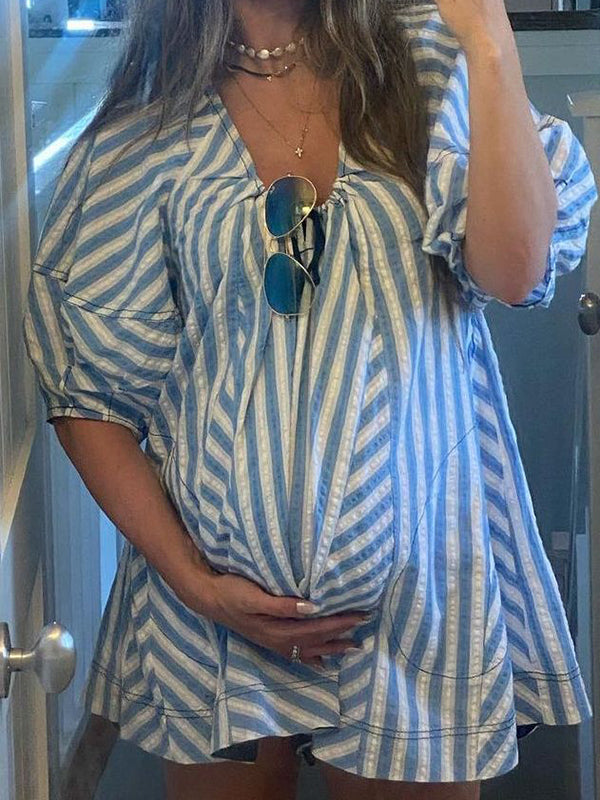Mumsmode Zwangerschaps Mini Jurk Dagelijkse Vakantie Gestreept Vlinderdas Zakken A-Lijn Blauw