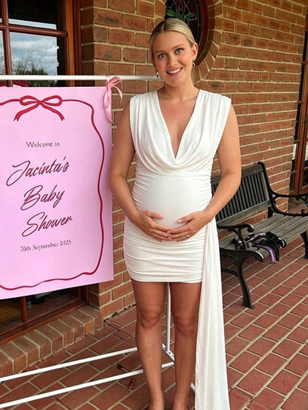 Mumsmode Chique Gekreukt Bodycon Gedrapeerde Kraag Babyshower Zwangerschaps Mini Jurk