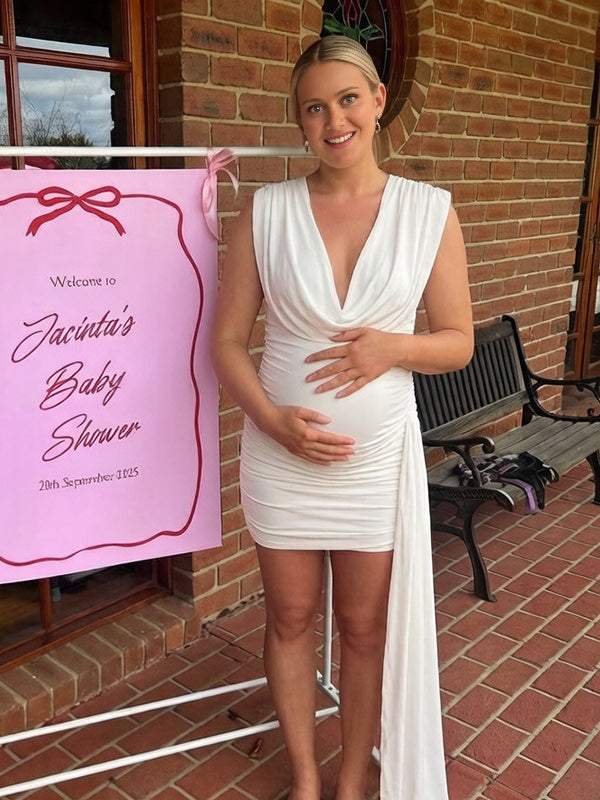 Mumsmode Chique Gekreukt Bodycon Gedrapeerde Kraag Babyshower Zwangerschaps Mini Jurk