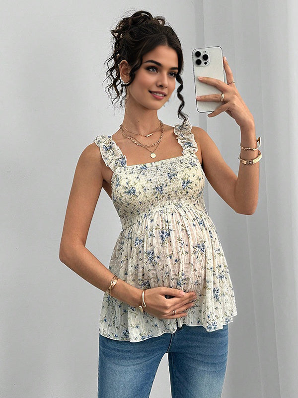 Mumsmode Zwangerschapstop Chique Vakantie Bloemenprint Ruches Gekreukt Spaghetti Camisole