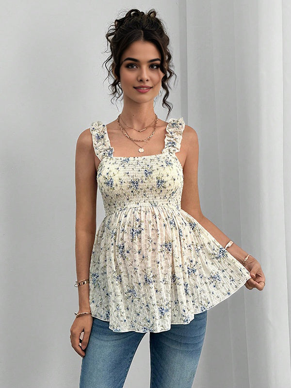 Mumsmode Zwangerschapstop Chique Vakantie Bloemenprint Ruches Gekreukt Spaghetti Camisole
