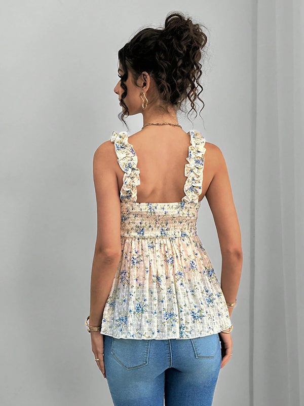 Mumsmode Zwangerschapstop Chique Vakantie Bloemenprint Ruches Gekreukt Spaghetti Camisole