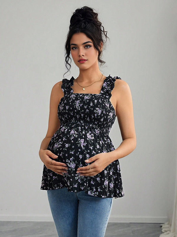 Mumsmode Zwangerschapstop Chique Vakantie Bloemenprint Ruches Gekreukt Spaghetti Camisole