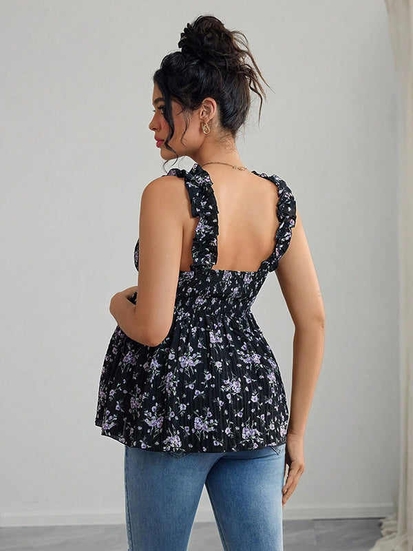 Mumsmode Zwangerschapstop Chique Vakantie Bloemenprint Ruches Gekreukt Spaghetti Camisole
