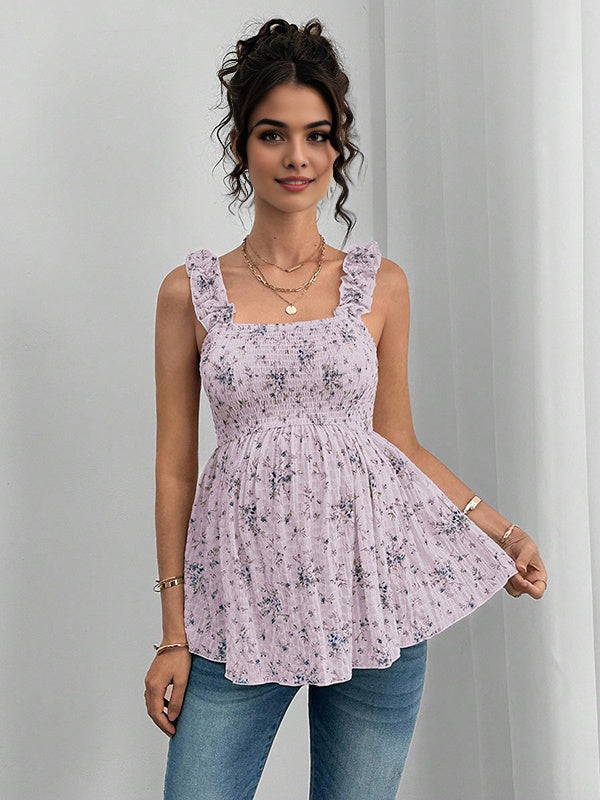 Mumsmode Zwangerschapstop Chique Vakantie Bloemenprint Ruches Gekreukt Spaghetti Camisole
