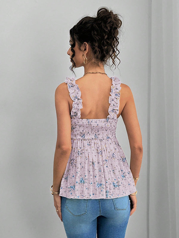 Mumsmode Zwangerschapstop Chique Vakantie Bloemenprint Ruches Gekreukt Spaghetti Camisole