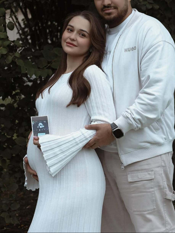 Mumsmode Zwangerschaps Maxi Fotoshoot Jurk Elegant Gestreept Gebreide Riem