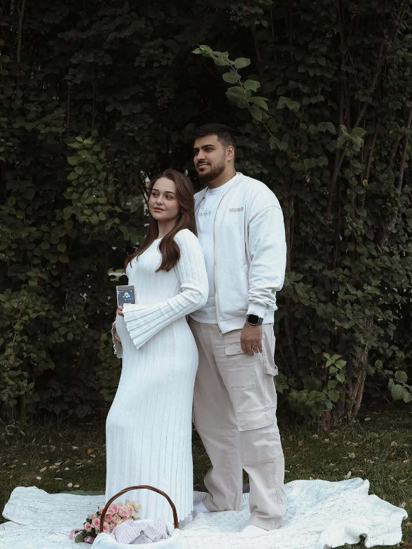 Mumsmode Zwangerschaps Maxi Fotoshoot Jurk Elegant Gestreept Gebreide Riem