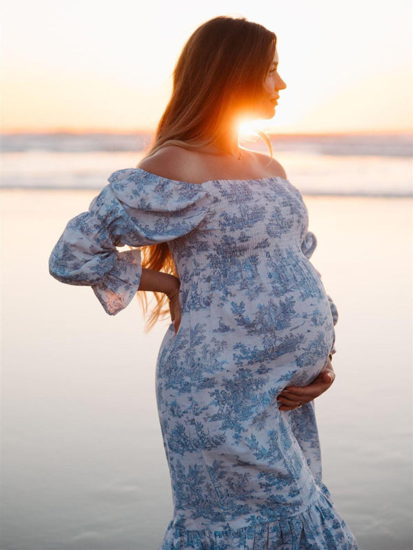 Mumsmode Blauw Schattige Zwangerschaps Maxi Jurk Ruches Geplooid Hoge Taille Pofmouwen Fotoshoot