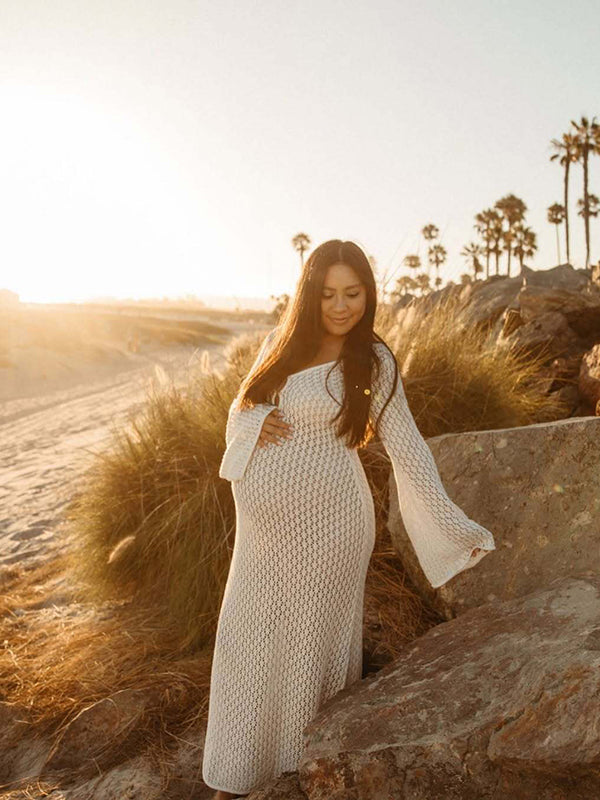 Mumsmode Witte Zwangerschaps Maxi Jurk Uitsnede Rugloos Uitlopende Mouwen Als Strand Cover-Up Voor Fotoshoot