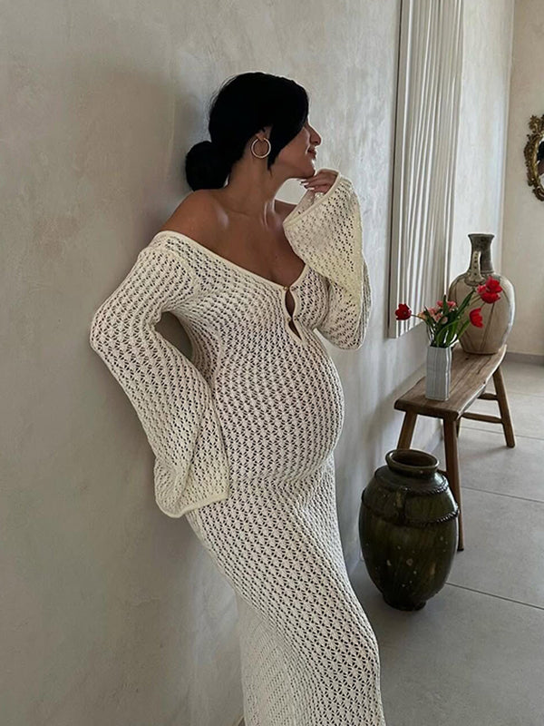 Mumsmode Witte Zwangerschaps Maxi Jurk Uitsnede Rugloos Uitlopende Mouwen Als Strand Cover-Up Voor Fotoshoot