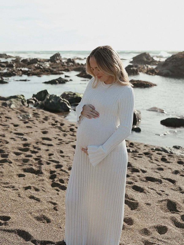 Mumsmode Zwangerschaps Maxi Fotoshoot Jurk Elegant Gestreept Gebreide Riem