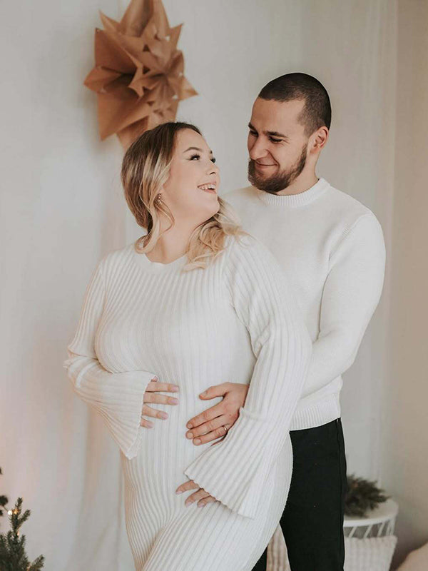 Mumsmode Zwangerschaps Maxi Fotoshoot Jurk Elegant Gestreept Gebreide Riem