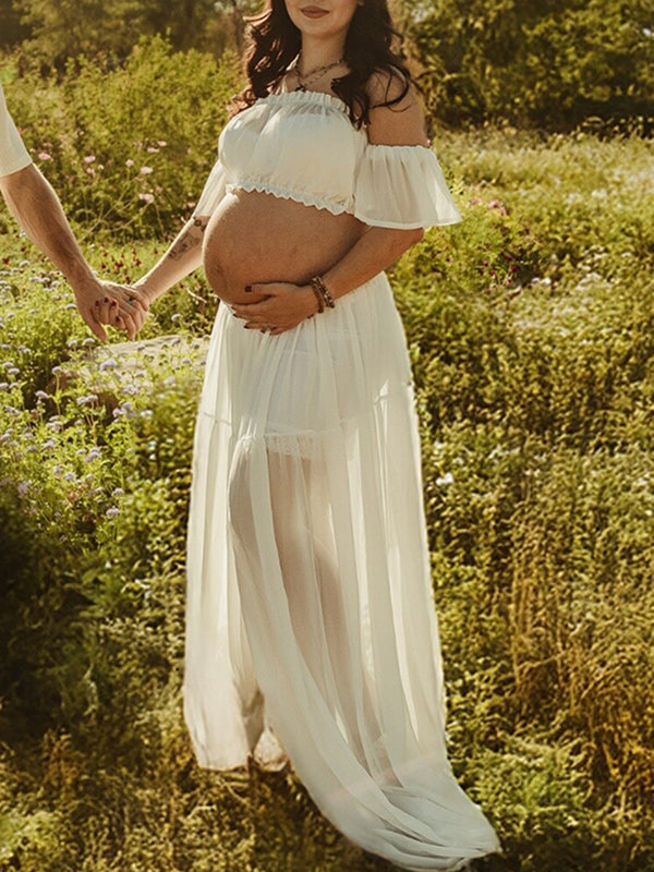 Mumsmode Bohemian Zwangerschaps Tweedelige Set Maxi Jurk Off-Shoulder Rugloos Ruches Fotoshoot