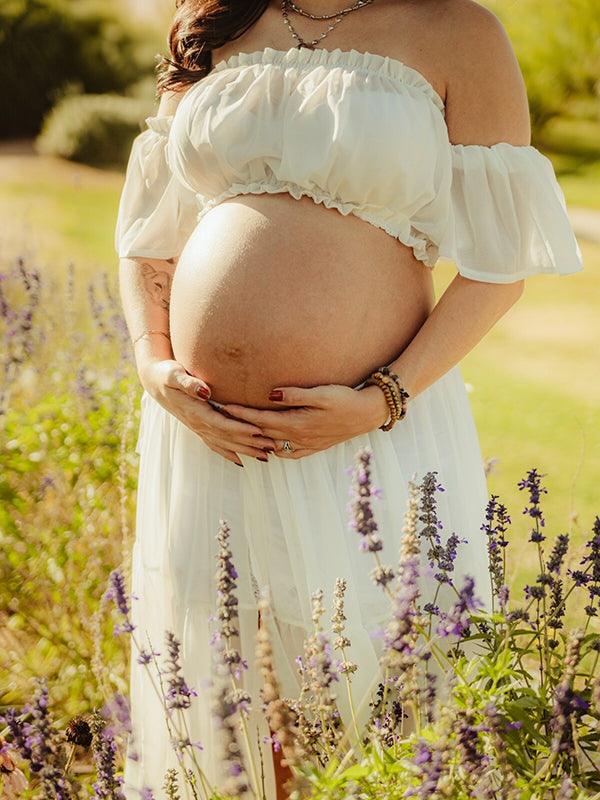 Mumsmode Bohemian Zwangerschaps Tweedelige Set Maxi Jurk Off-Shoulder Rugloos Ruches Fotoshoot