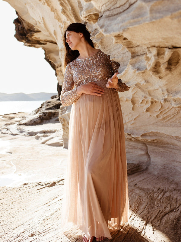 Mumsmode Zwangerschaps Maxi Fotoshoot Jurk Chique Pailletten Tule Gedrapeerd