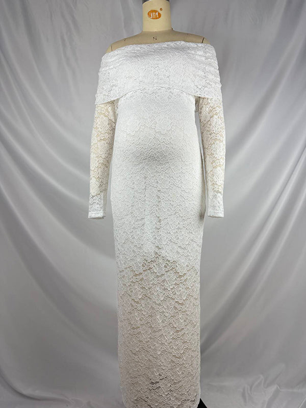 Mumsmode Zwangerchaps Maxi Jurk Kanten Off Shoulder Zijsplit Babyshower Wit