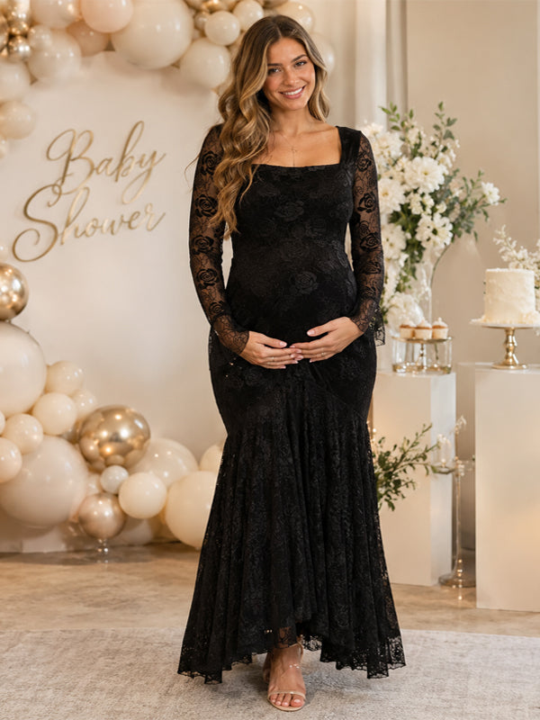 Zwarte kanten zwangerschaps maxi jurk met vierkante halslijn en zeemeermin pasvorm voor babyshower.