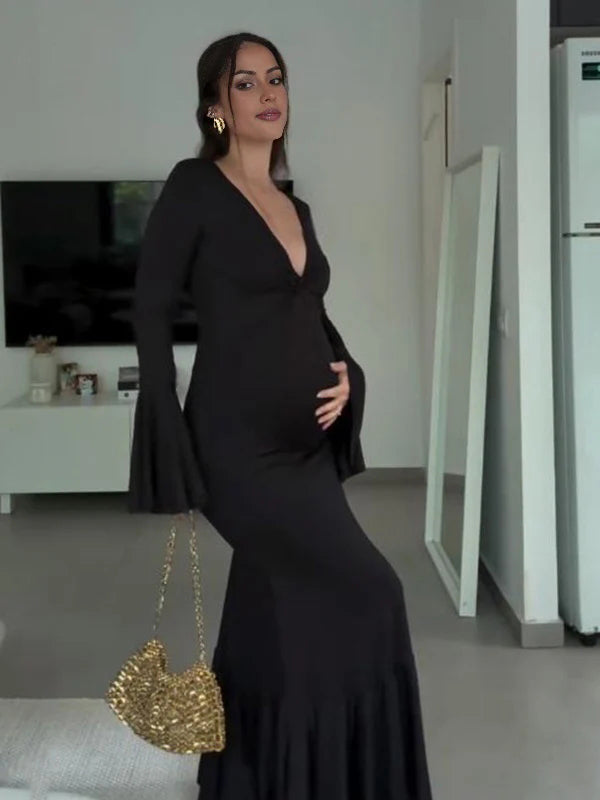 Mumsmode Zwangerschaps Maxi Jurk Babyshower Ceremonie Bodycon Ruches Zeemeermin Knoop