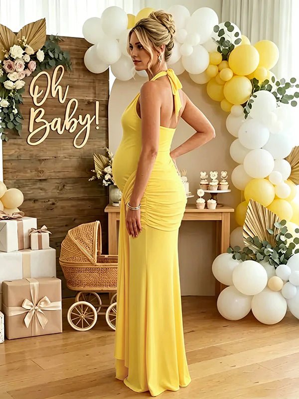 Zwangerschaps Maxi Jurk Bodycon Gedrapeerd Halterhals Rugloos