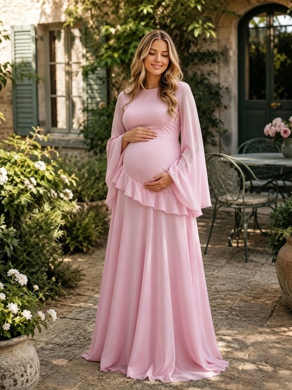 Elegante Chiffon Zwangerschaps Maxi Jurk Ruffles Uitlopende Mouwen